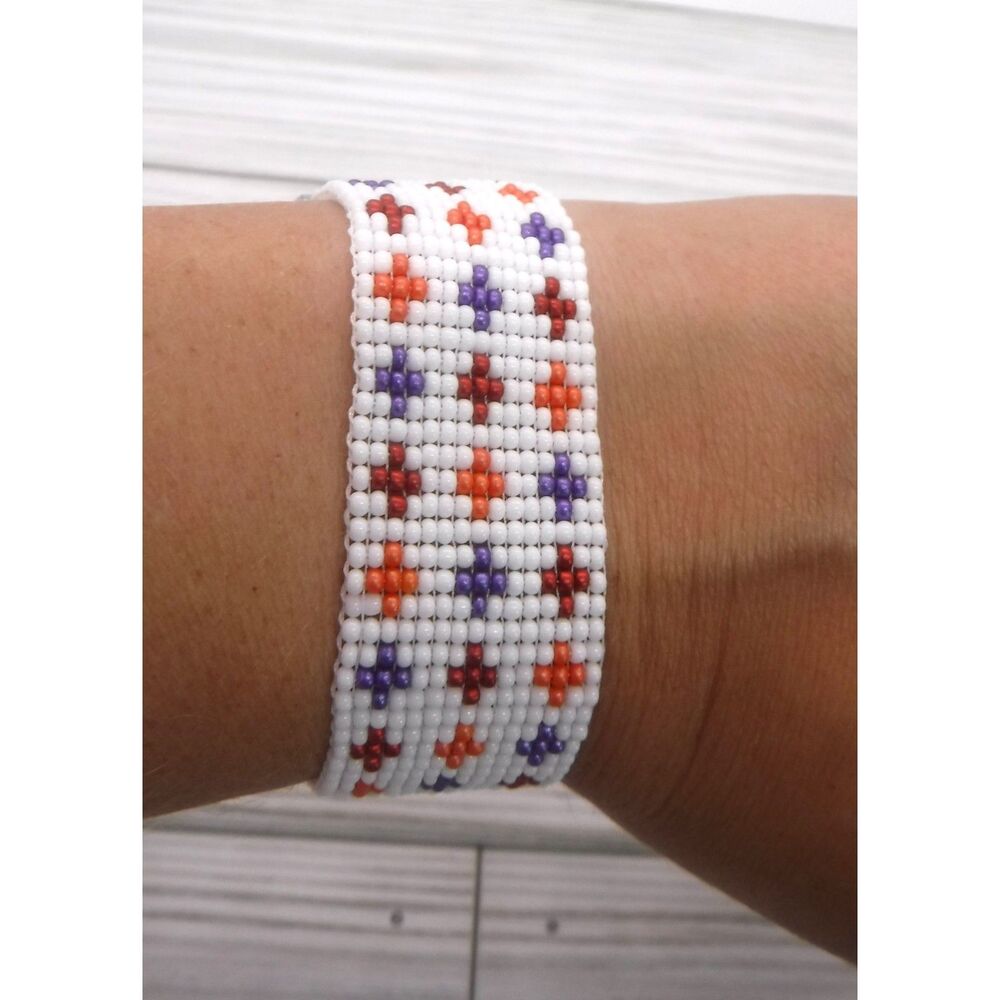 Loom Beaded Bracelet White, Red, Orange & Purple